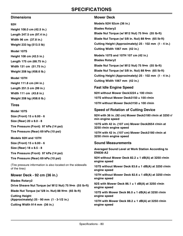 John Deere 92H, 107H & 107S Sabo Lawn Tractors Export Edition / 92H (020001-050000) 107H & 107S (040001-050000) Operator’s Manual (OMGX24665) Workshop Guide