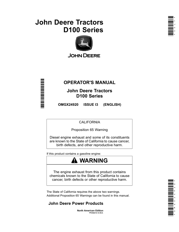 John Deere D100 (100 Series) Tractors (49 States & Australia E500001-) (California E050001-) (Mexico, Canada & Rest of World E20001-) Operator’s Manual (OMGX24920) Workshop Guide