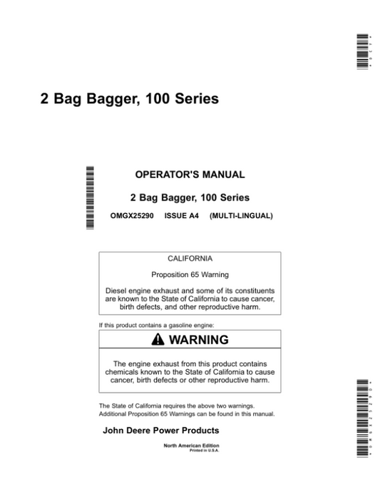 John Deere 2 Bag Bagger, 100 Series 54″ mower decks-: (North American) Operator’s Manual (OMGX25290) Workshop Guide