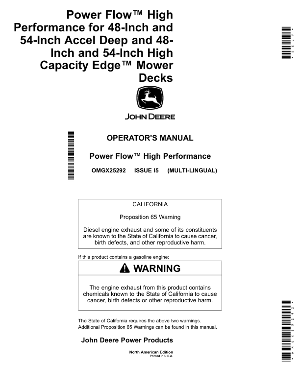 John Deere Power Flow High Performance for 48-Inch, 54-Inch Accel Deep, 48-Inch, 54-Inch High Capacity Edge Mower Decks (North American) Operator’s Manual (OMGX25292) Workshop Guide