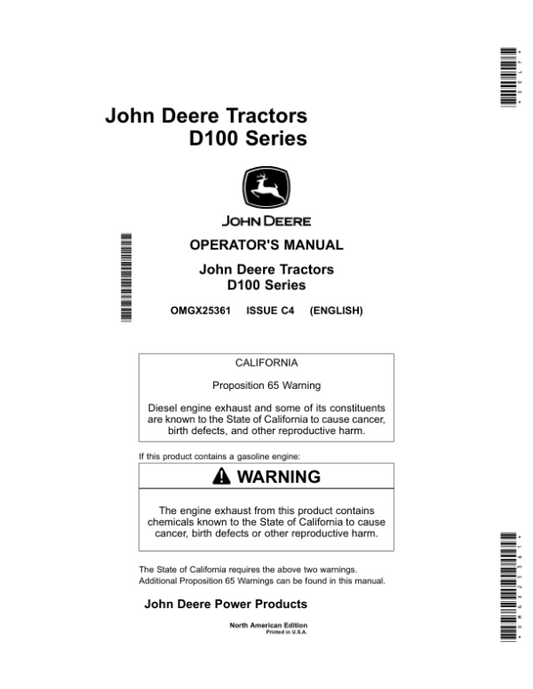 John Deere D100 (100 Series) Tractors (49 States & Australia E560001-) (California E055001-) (Canada, Mexico & Rest of World E22001-) Operator’s Manual (OMGX25361) Workshop Guide