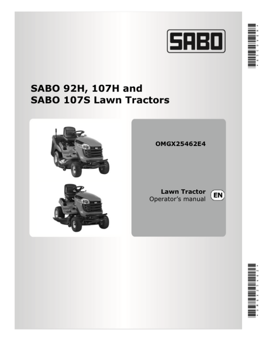 John Deere 92H, 107H & 107S Sabo Lawn Tractors Export Edition (058001-100000) Operator’s Manual (OMGX25462) Workshop Guide
