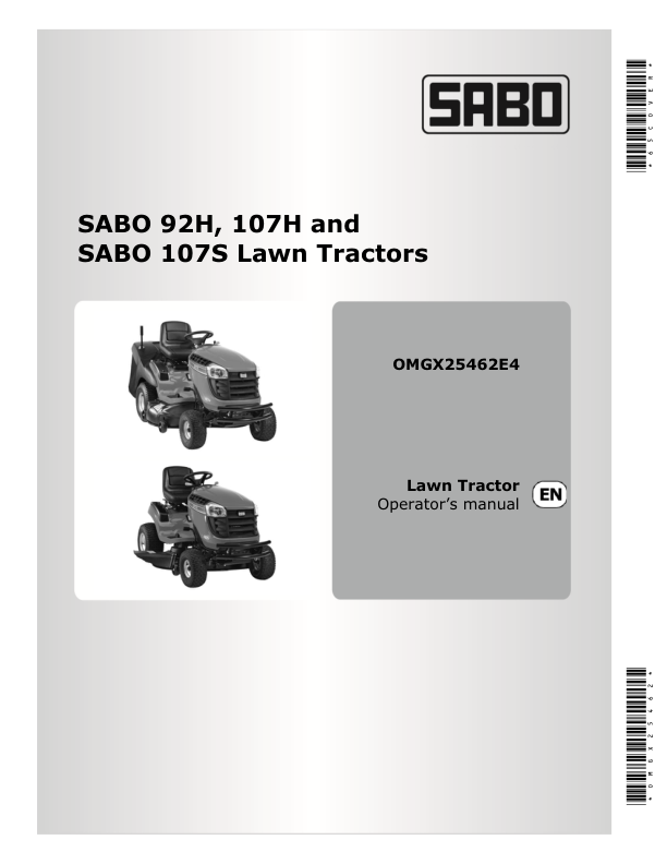 John Deere 92H, 107H & 107S Sabo Lawn Tractors Export Edition (058001-100000) Operator’s Manual (OMGX25462) Workshop Guide