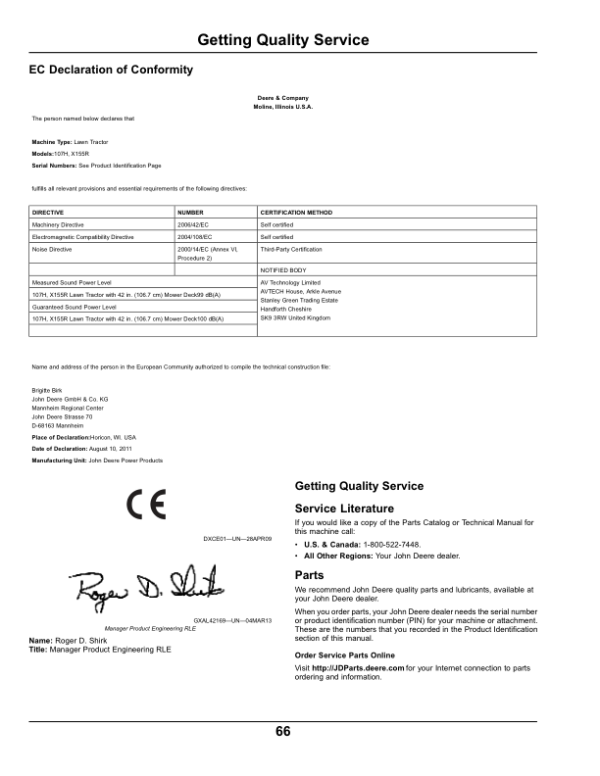John Deere 92H, 107H & 107S Sabo Lawn Tractors Export Edition (058001-100000) Operator’s Manual (OMGX25462) Workshop Guide