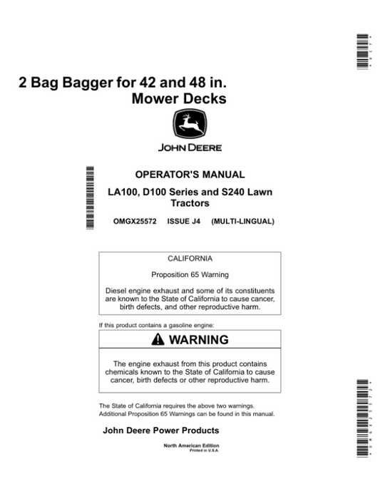 John Deere 2 Bag Bagger for 42, 48 in. Mower Decks (North American) Operator’s Manual (OMGX25572) Workshop Guide