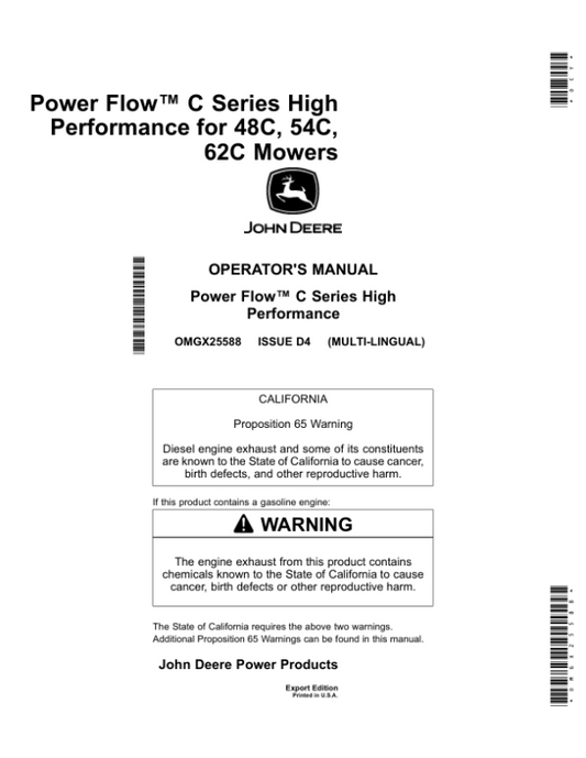 John Deere Power Flow C Series High Performance for 48C, 54C, 62C Mowers (Export Edition) Operator’s Manual (OMGX25588) Workshop Guide