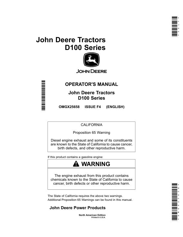 John Deere Tractors D100 Series D105, D110, D125, D130, D140, D160, D170 Operator’s Manual (OMGX25658) Workshop Guide