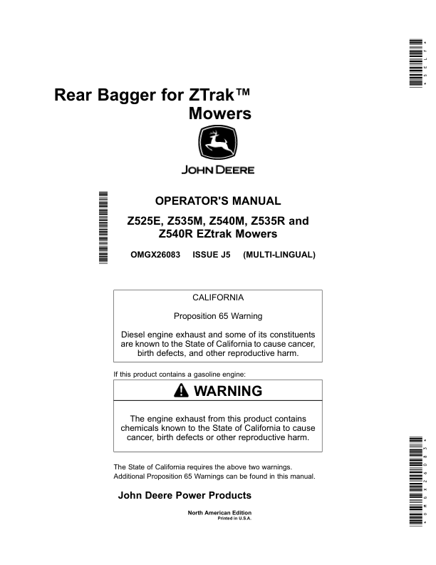 John Deere Rear Bagger for ZTrak Mowers (48/54 Inch)Applies to Z525E, Z535M, Z535R, Z540R & Z540M Mowers North America Operator’s Manual (OMGX26083) Workshop Guide
