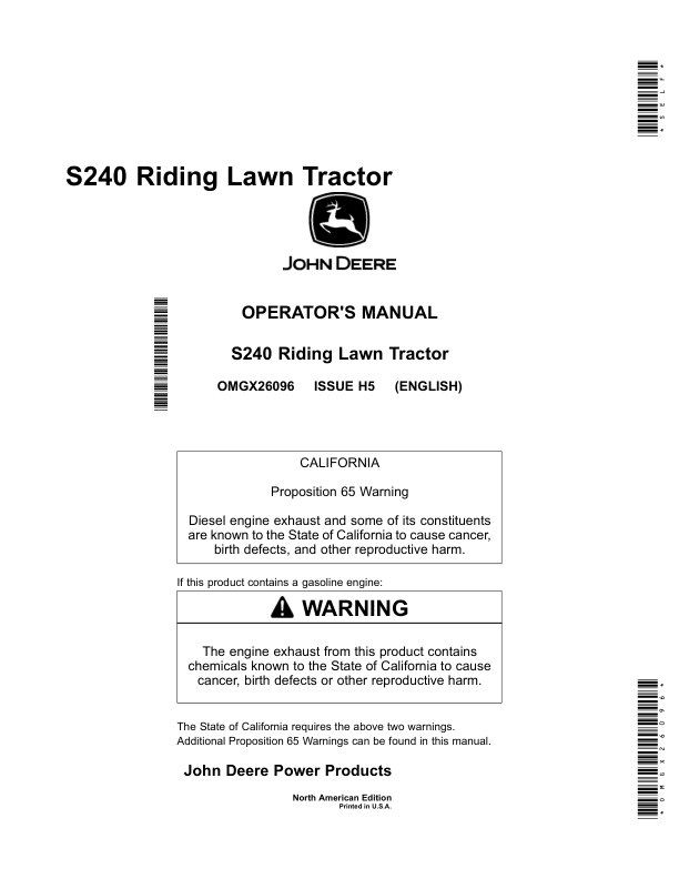 John Deere S240 Riding Lawn Tractor (700001-800000) Operator’s Manual (OMGX26096) Workshop Guide