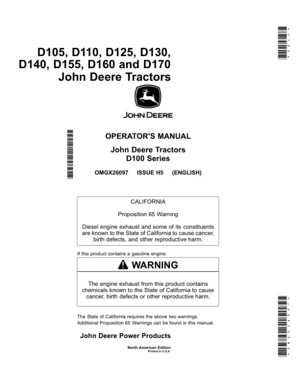 John Deere D105, D110, D125, D130, D140, D155, D160 & D170 TractorsNorth & South American (700001- ) Operator’s Manual (OMGX26097) Workshop Guide