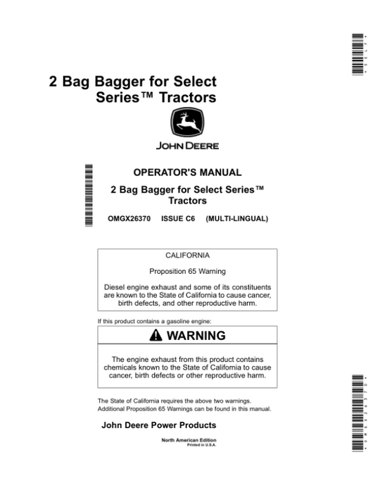 John Deere 2 Bag Bagger for Select Series Tractors (North American) Operator’s Manual (OMGX26370) Workshop Guide