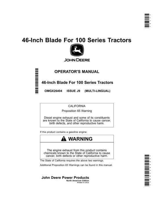 John Deere 46-Inch Blade For 100 Series Tractors (North American) Operator’s Manual (OMGX26404) Workshop Guide