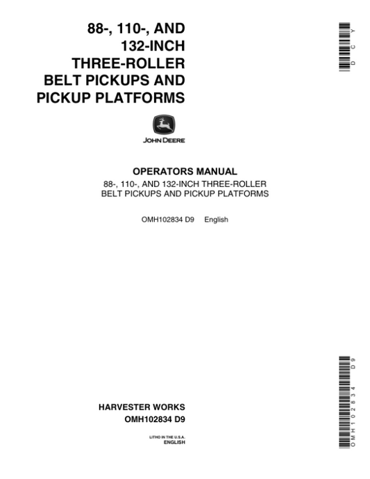 John Deere 3-Roller Belt Pickups (88, 110, 132 Inch), Pickup Platforms Operator’s Manual (OMH102834) Workshop Guide
