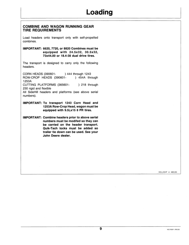 John Deere 25 Combine Header Transport Frame Operator’s Manual (OMH120058) Workshop Guide