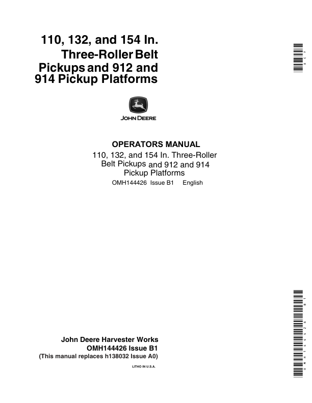 John Deere 3-Roller Belt Pickups (110, 132, 154 In.), 912/914 Platform (600001-) Operator’s Manual (OMH144426) Workshop Guide