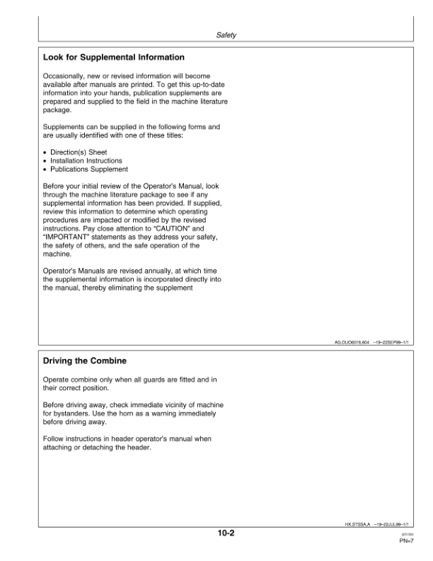 John Deere 9650 STS Combines (695501-700500), 9750 STS Combines (695601-700600) North America Operator’s Manual (OMH202772) Workshop Guide