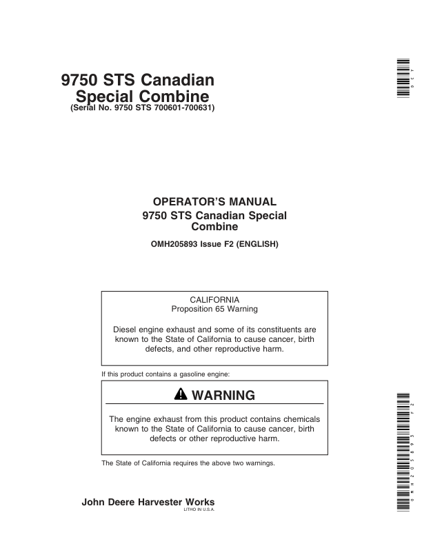 John Deere 9750 STS Canadian Special Combine Operator’s Manual (OMH205893) Workshop Guide