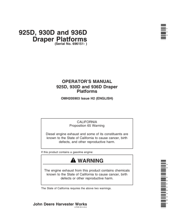 John Deere 925D, 930D, & 936D Draper Platforms North America (701151-705850) Operator’s Manual (OMH205903) Workshop Guide