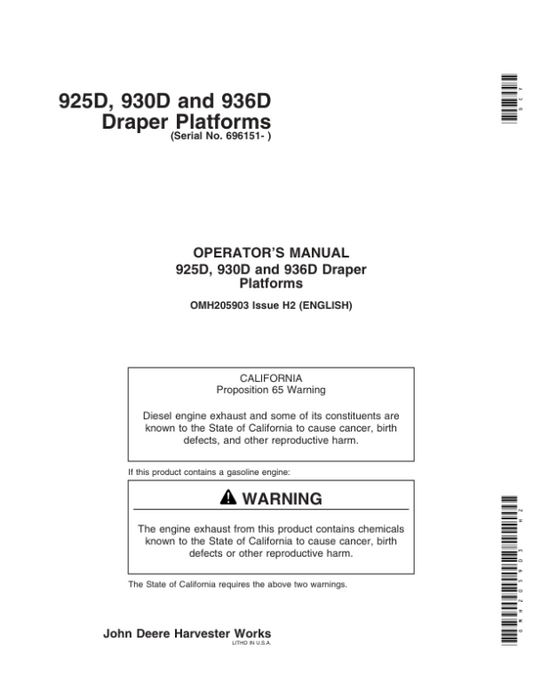 John Deere 925D, 930D, & 936D Draper Platforms North America (701151-705850) Operator’s Manual (OMH205903) Workshop Guide
