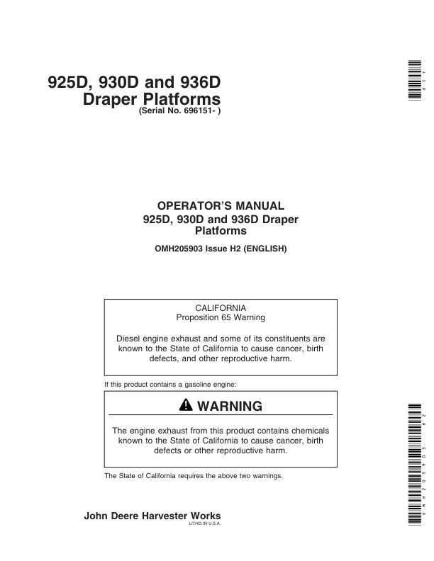 John Deere 925D, 930D, & 936D Draper Platforms North America (701151-705850) Operator’s Manual (OMH205903) Workshop Guide