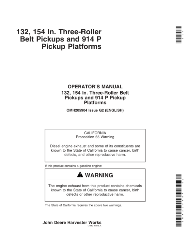 John Deere 3-Roller Belt Pickups (132, 154 In.), 914P Operator’s Manual (OMH205904) Workshop Guide