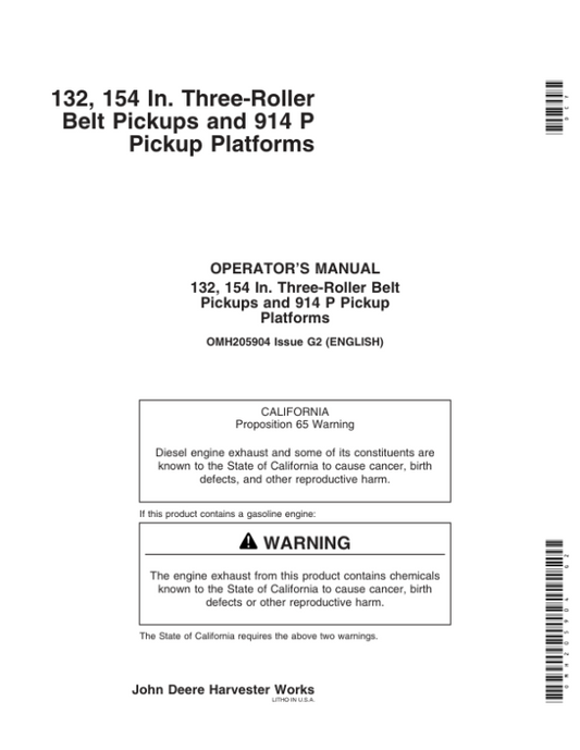 John Deere 3-Roller Belt Pickups (132, 154 In.), 914P Operator’s Manual (OMH205904) Workshop Guide