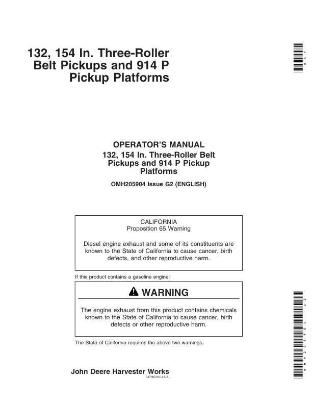 John Deere 3-Roller Belt Pickups (132, 154 In.), 914P Operator’s Manual (OMH205904) Workshop Guide