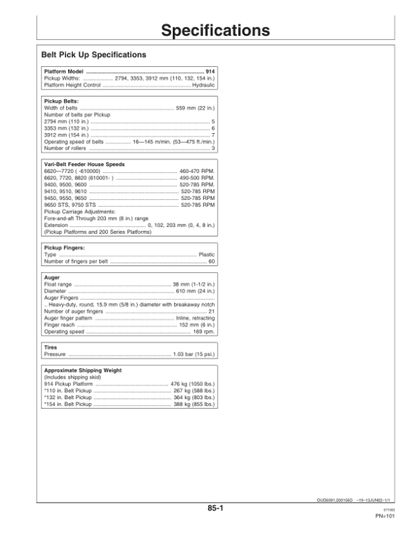 John Deere 3-Roller Belt Pickups (132, 154 In.), 914P Operator’s Manual (OMH205904) Workshop Guide