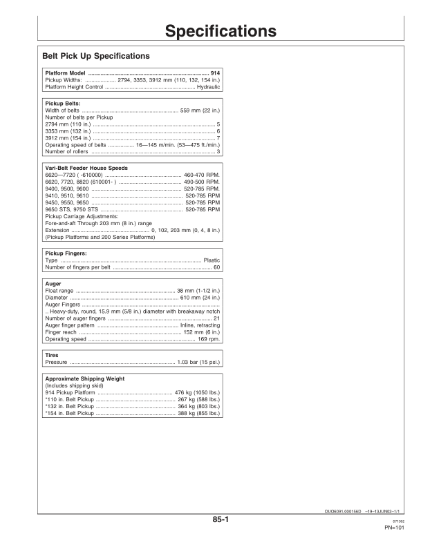 John Deere 3-Roller Belt Pickups (132, 154 In.), 914P Operator’s Manual (OMH205904) Workshop Guide
