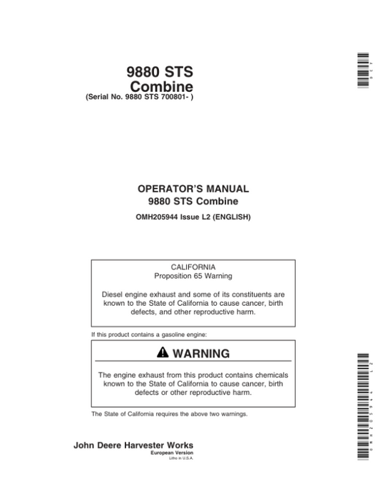 John Deere 9880 STS Combine (700801-) Operator’s Manual (OMH205944) Workshop Guide