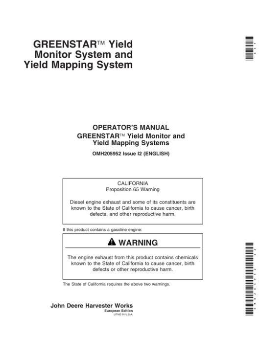 John Deere Greenstar Yield Monitor & Mapping System Operator’s Manual (OMH205952) Workshop Guide