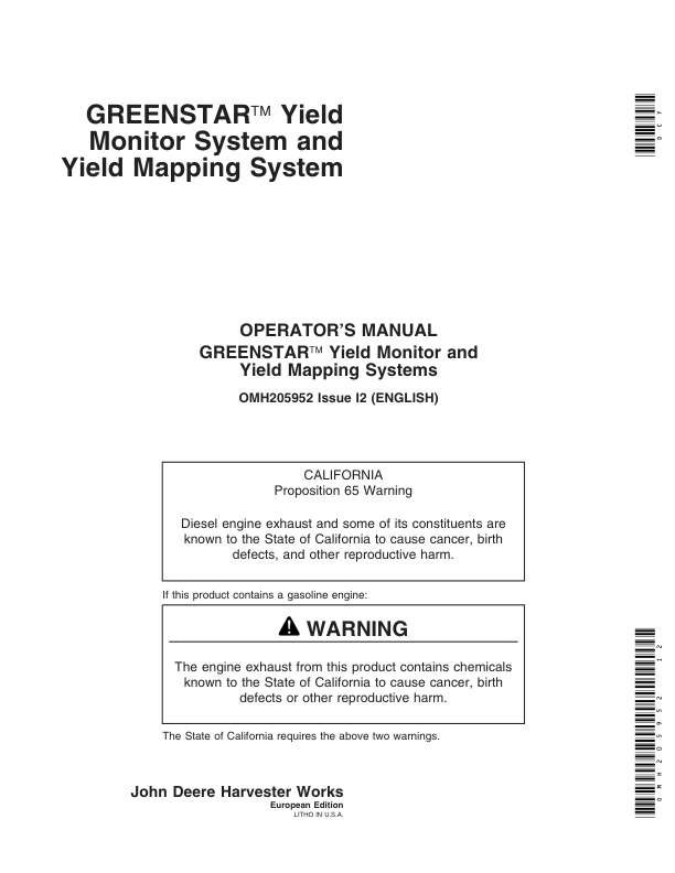 John Deere Greenstar Yield Monitor & Mapping System Operator’s Manual (OMH205952) Workshop Guide