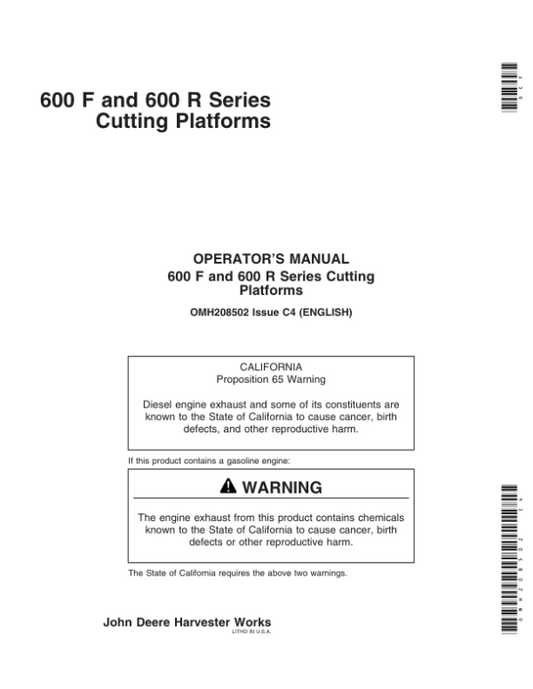 John Deere 600 F&R Series Cutting Platforms North America (705351-710350) Operator’s Manual (OMH208502) Workshop Guide