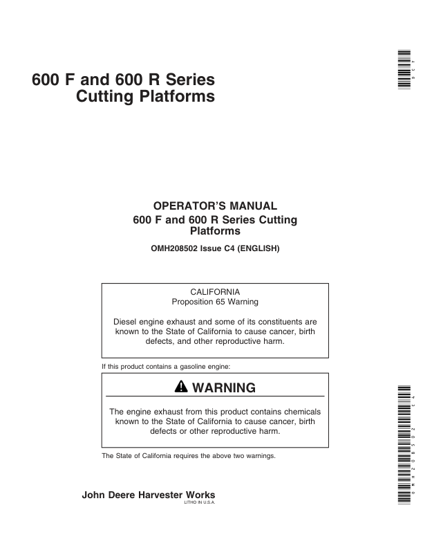 John Deere 600 F&R Series Cutting Platforms North America (705351-710350) Operator’s Manual (OMH208502) Workshop Guide