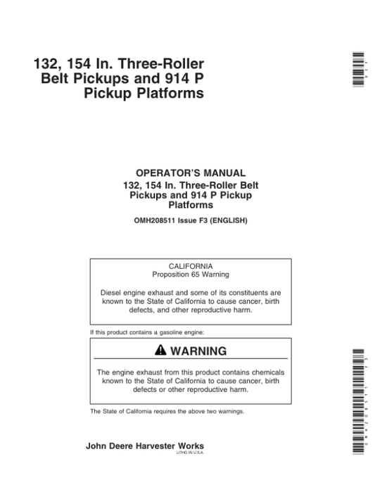 John Deere 3-Roller Belt Pickup (132, 154 In.), 914P Platform Operator’s Manual (OMH208511) Workshop Guide