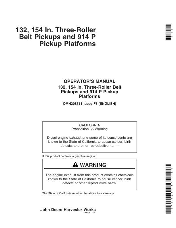 John Deere 3-Roller Belt Pickup (132, 154 In.), 914P Platform Operator’s Manual (OMH208511) Workshop Guide