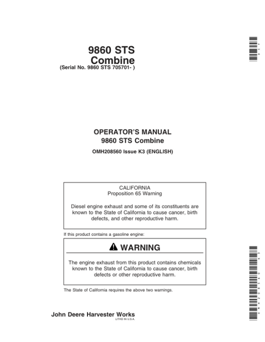 John Deere 9860 STS Combine (705701-) Operator’s Manual (OMH208560) Workshop Guide
