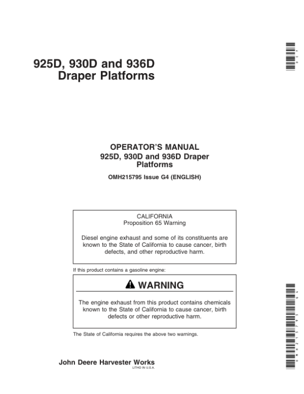 John Deere 925D, 930D, & 936D Draper Platforms North America (710701-715700) Operator’s Manual (OMH215795) Workshop Guide