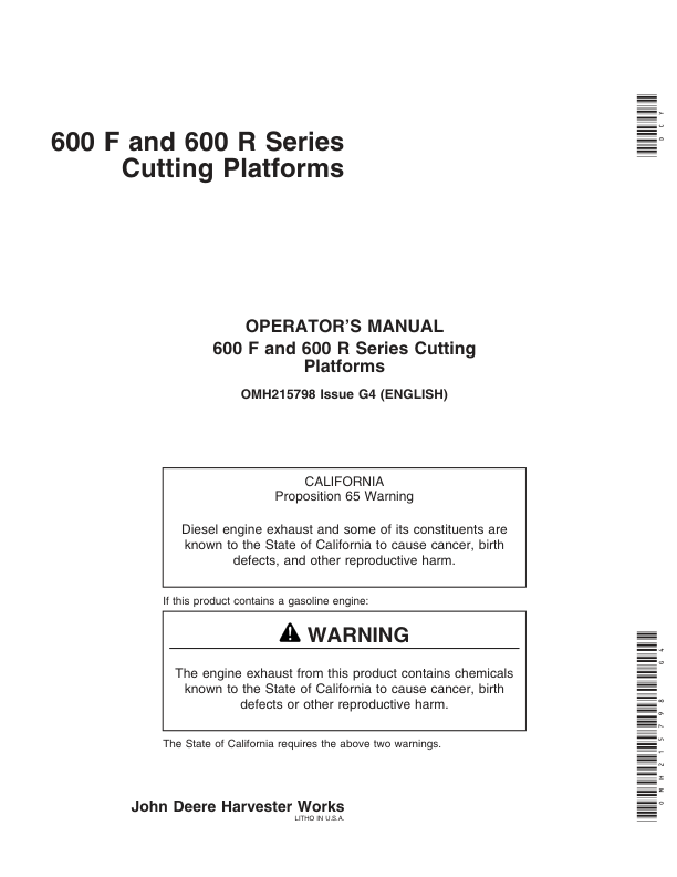 John Deere 600 F&R Series Cutting Platforms North America (710351-715350) Operator’s Manual (OMH215798) Workshop Guide