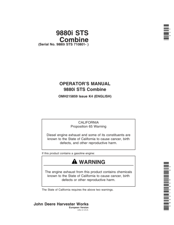 John Deere 9880i STS Combines (710801-) Operator’s Manual (OMH215859) Workshop Guide