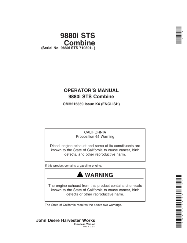 John Deere 9880i STS Combines (710801-) Operator’s Manual (OMH215859) Workshop Guide