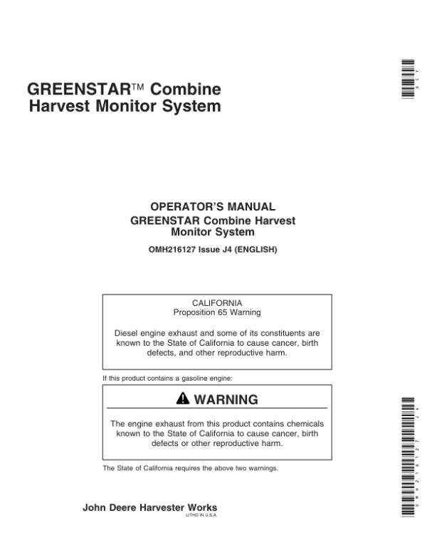 John Deere Greenstar Combine Harvest Monitor System Operator’s Manual (OMH216127) Workshop Guide