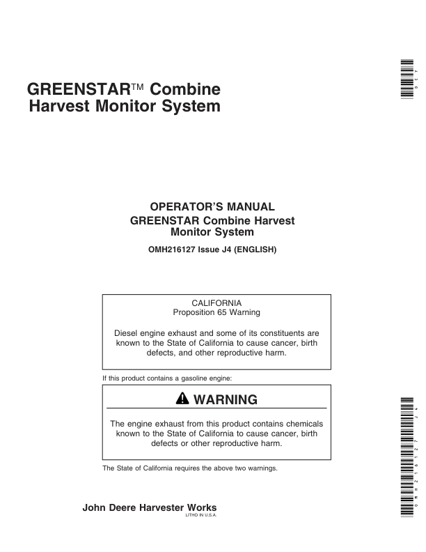 John Deere Greenstar Combine Harvest Monitor System Operator’s Manual (OMH216127) Workshop Guide