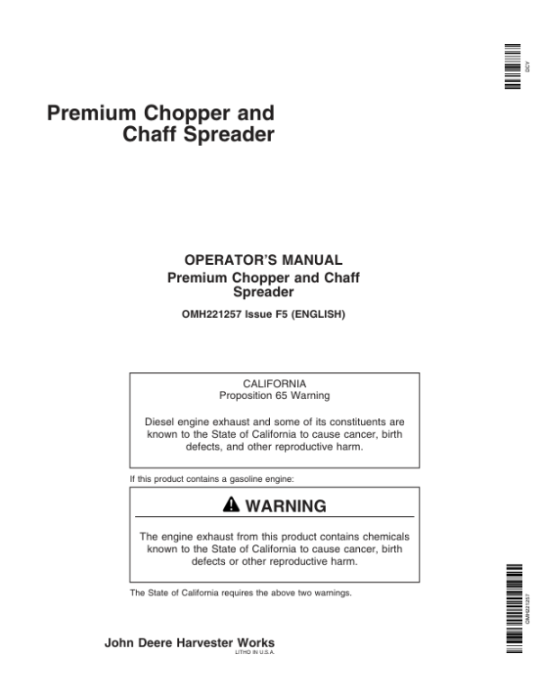 John Deere OM Section: Premium Chopper & Chaff Spreader Operator’s Manual (OMH221257) Workshop Guide