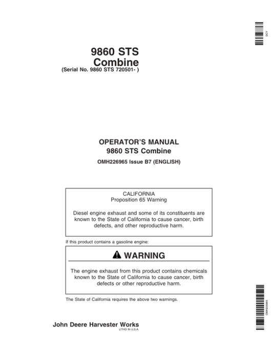 John Deere 9860 STS Combine (720501-) Operator’s Manual (OMH226965) Workshop Guide