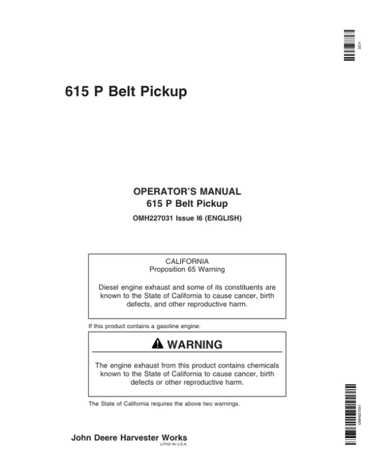 John Deere 615P Belt Pickups Export Edition (720101-725000) Operator’s Manual (OMH227031) Workshop Guide