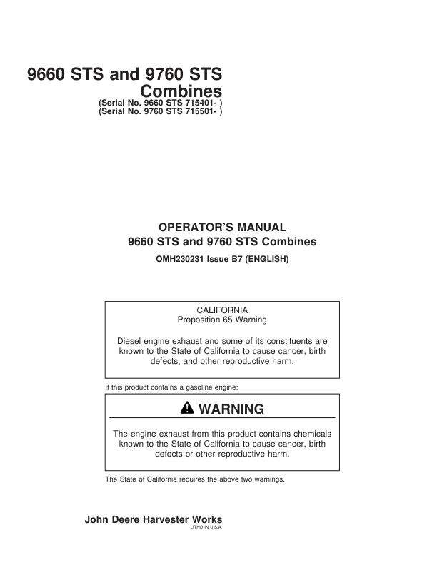 John Deere 9660STS (715401-) & 9760STS (715501- ) Combines Operator’s Manual (OMH230231) Workshop Guide