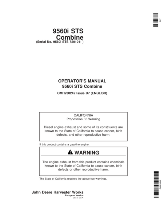 John Deere 9560i STS Combine (720101-) Operator’s Manual (OMH230242) Workshop Guide
