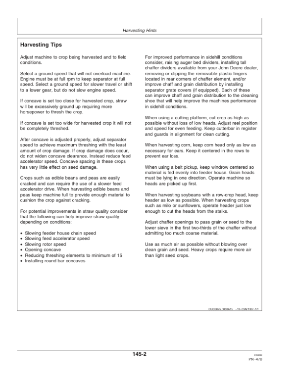 John Deere S690 HILLMASTER Combine (725101-) Operator’s Manual (OMH231551) Workshop Guide