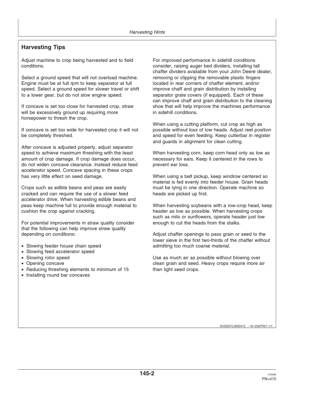John Deere S690 HILLMASTER Combine (725101-) Operator’s Manual (OMH231551) Workshop Guide